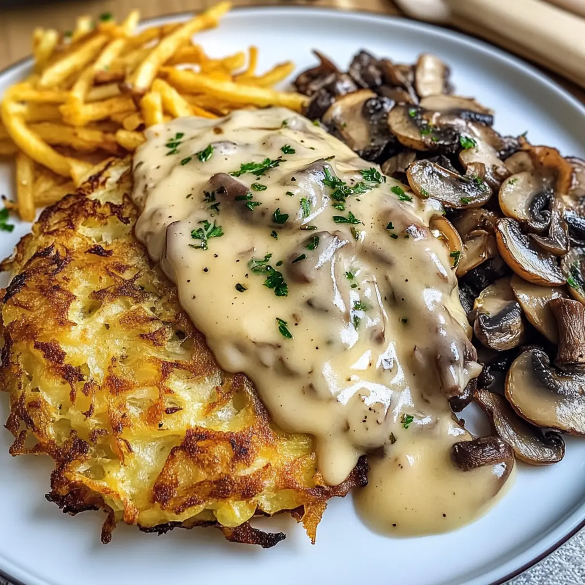 Mozzarella Rösti mit Zwiebel-Pilzrahmsoße